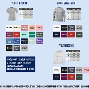 a collection of youth clothing items, including a youth t-shirt and a youth sweatshirt, along with their respective measurements and color options. The image also includes a note about measurement variations and guidelines for the manufacturer's products.