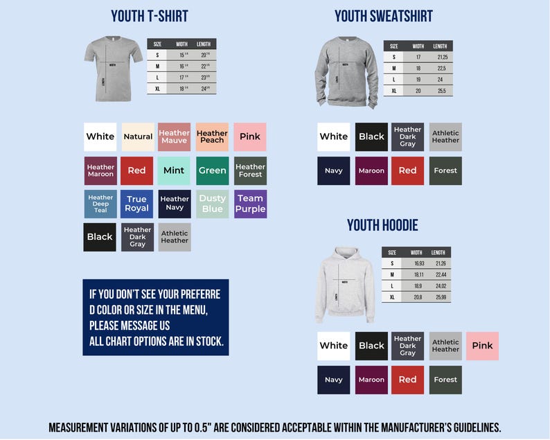 a collection of youth clothing items, including a youth t-shirt and a youth sweatshirt, along with their respective measurements and color options. The image also includes a note about measurement variations and guidelines for the manufacturer's products.