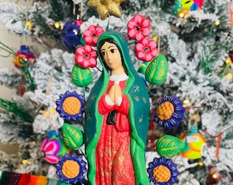 Virgen de Guadalupe, Virgin Mary, Mexican Folk Art Hand Painted Tree of Life,  hand painted with Butterflies and Flowers / Clay pieces