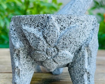 Poinsettia and Leaves Hand Carved Molcajete. Stone Mortar and Pestle. Small. Christmas Décor