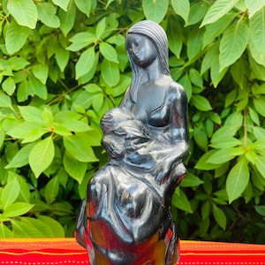 Elegant 11in Seated Mother and Child Statue Barro Negro. Authentic Mexican Black Pottery made in Oaxaca.  Black Clay lady. Breastfeeding