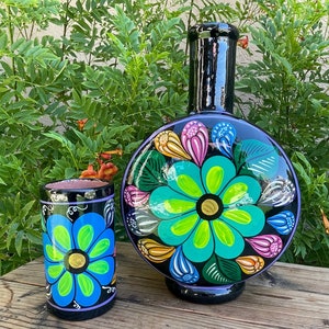 Large Cántaro Set  Mexican Hand Painted Clay Water Jug with Mug 3.75 L / Carafe / Botellón