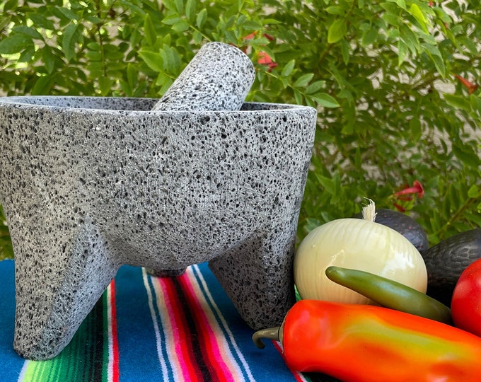 thumbnail image 2 of Authentic Mexican Molcajete Set - 8 Inch Volcanic Rock Mortar & Pestle With Towel 2 of 11