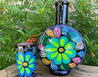 Vtg Handmade Hand Painted Mexican Clay Pottery Water Jug Botijo or