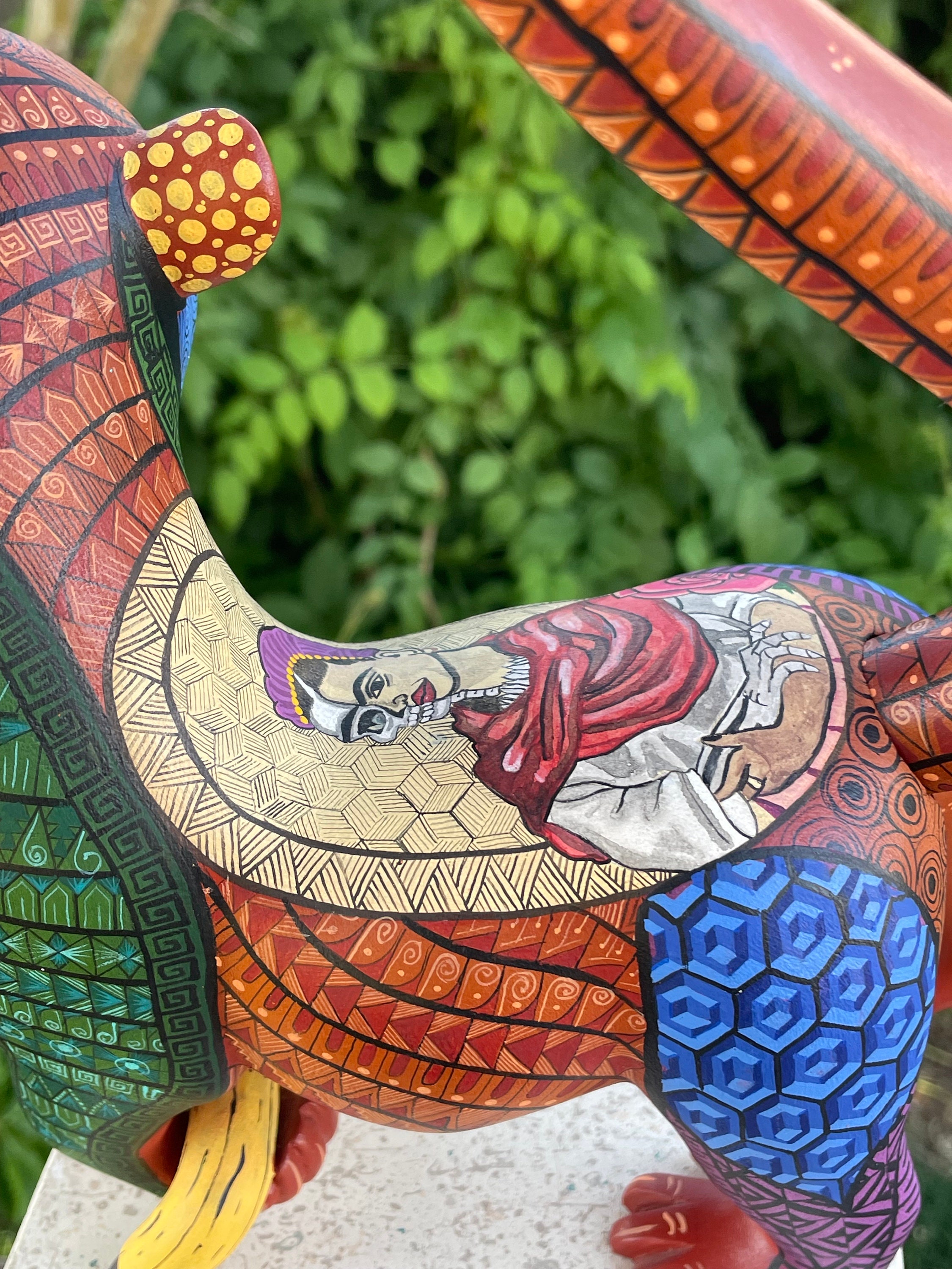 Alebrije Frida Monkey, Large Hand Painted Wood Carving From Oaxaca