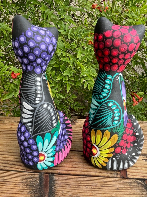 Hand Painted Stretched Cat. Mexican Folk Art Colorful Hand Painted