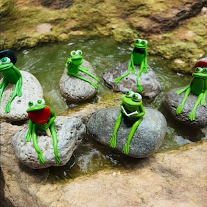 Frog on a Rock.  Hand crafted Clay Frogs.  Miniature Frog Figurine.  Rock Garden. Garden art. Yard Decor.  Fun gift.