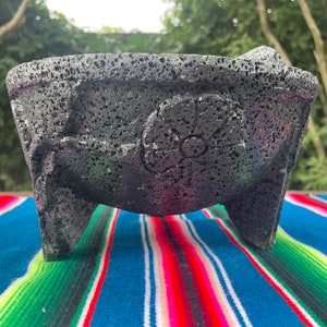 Large Hand made Molcajete / Stone mortar and pestle. Molcajete volcanic rock. Hand carved Floral designs. Guacamole bowl