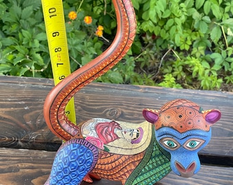 Alebrije Frida Monkey, Large Hand Painted Wood Carving From Oaxaca