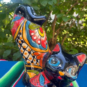 Elegant Talavera Cat Sculpture. Hand Painted  High Quality Talavera .  Handmade Mexican pottery Cat Figurine.  Ceramic Home Art