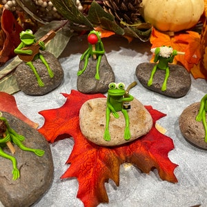 May include: Six green frog figurines, each sitting on a gray rock, with various accessories. The frogs are holding a guitar, a lollipop, a popsicle, a bottle, a corn cob, and a stick. The rocks are surrounded by fall leaves.