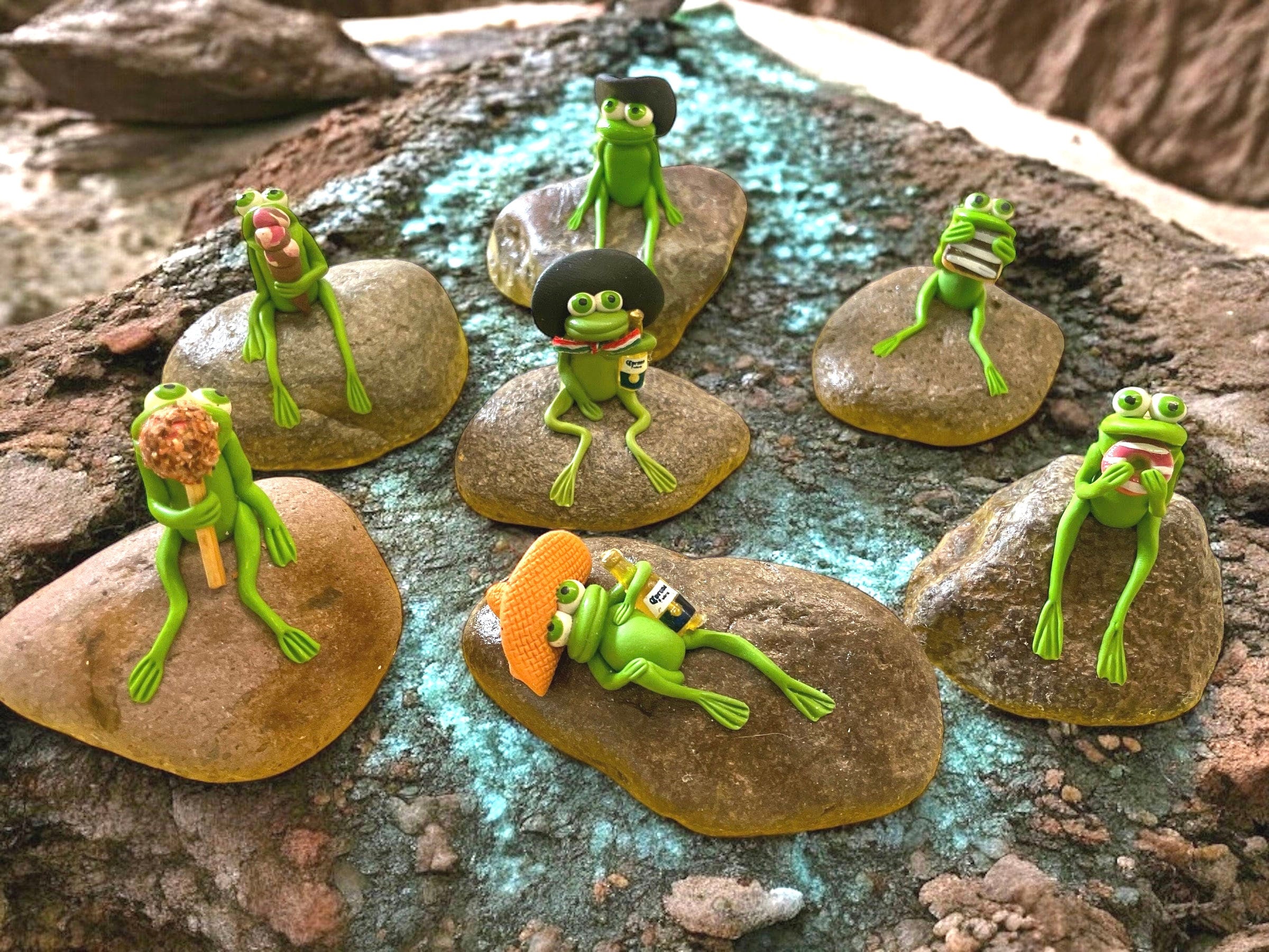 Frog on a Rock. Hand Crafted Clay Frogs. Miniature Frog Figurine