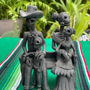 Delicate Black Clay Catrina Family / Skeleton Parents with Children sitting on Bench / Day of the Dead / Dia de los Muertos