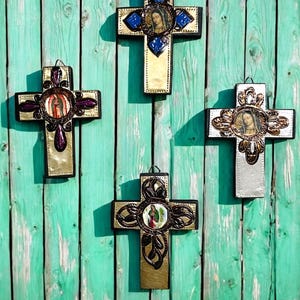 Small Virgen de Guadalupe Punched Tin and Wood Cross, Virgin Mary, Catholic Wall Art,