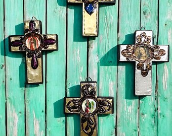Small Virgen de Guadalupe Punched Tin and Wood Cross, Virgin Mary, Catholic Wall Art,