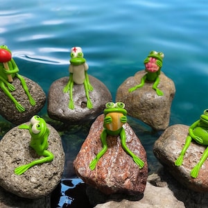 Frog on a Rock.  Hand crafted Clay Frogs.  Miniature Frog Figurine.  Rock Garden. Garden art. Yard Decor.  Fun gift.