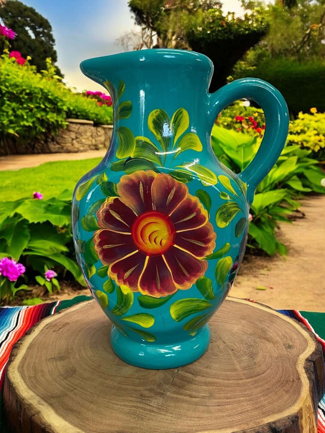 メキシコ　カラフルな花柄　陶器　バターケース Hand Painted Floral Pitcher: Mexican Terra-cotta Jarra De Barro - Etsy