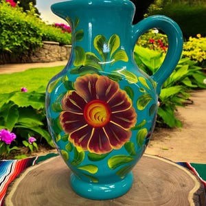 May include: A turquoise ceramic pitcher with a large, hand-painted flower design in shades of red, yellow, and green. The pitcher has a curved handle and a spout for pouring. The floral design is surrounded by green leaves.