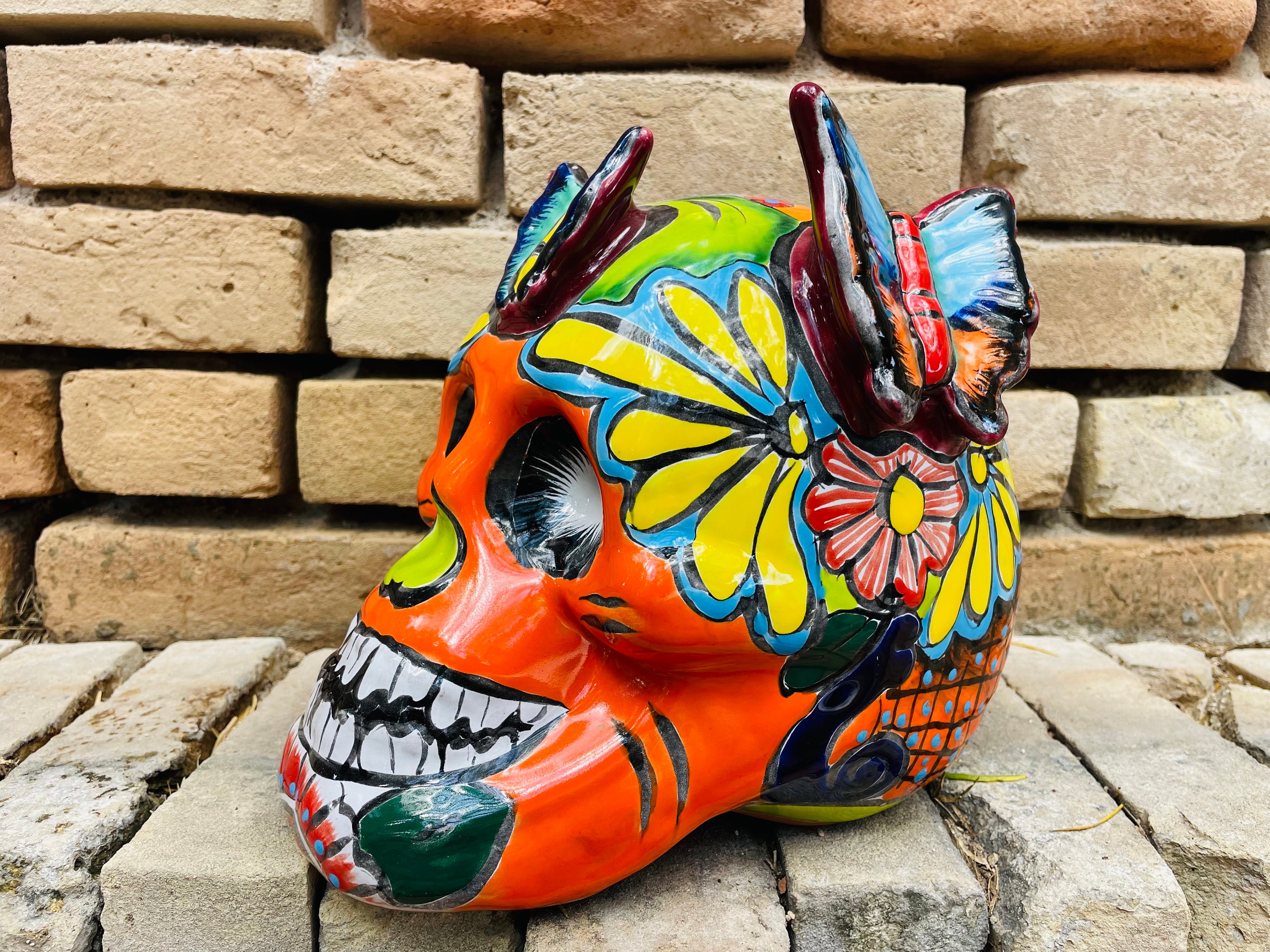Talavera Skull With Butterflies – Extra Large Mexican Day of the 