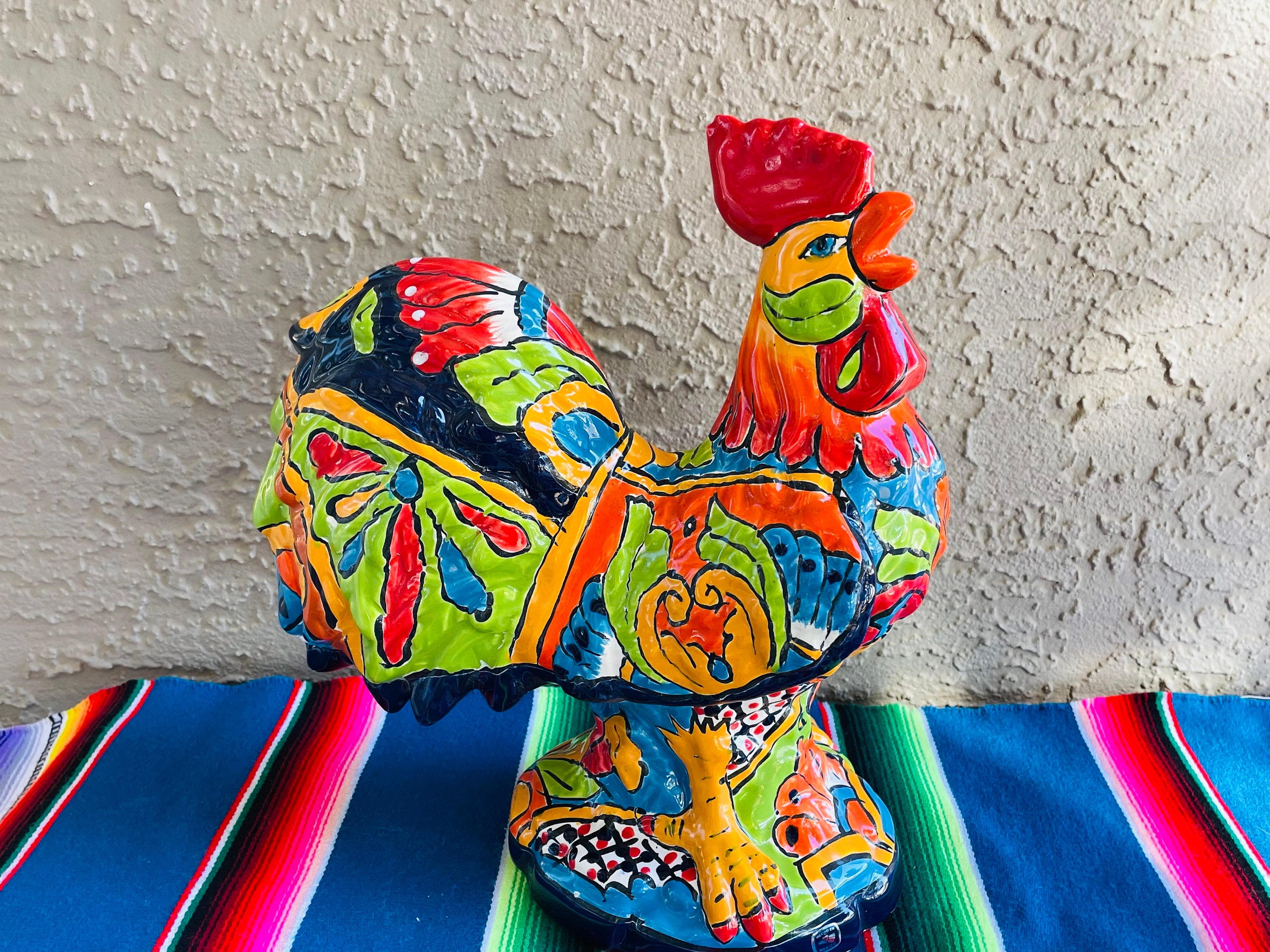 Elegant Talavera Rooster Sculpture. Handmade Mexican Pottery