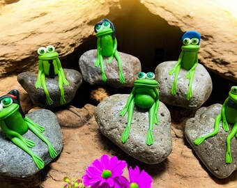 Clay Frog Figurine – Mini Frog on Rock – Hand Painted Garden Decor