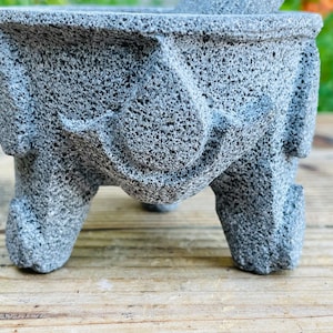 Hand Carved Molcajete Folk Art Floral Design. Stone Mortar and Pestle. Small. Housewarming Gift.