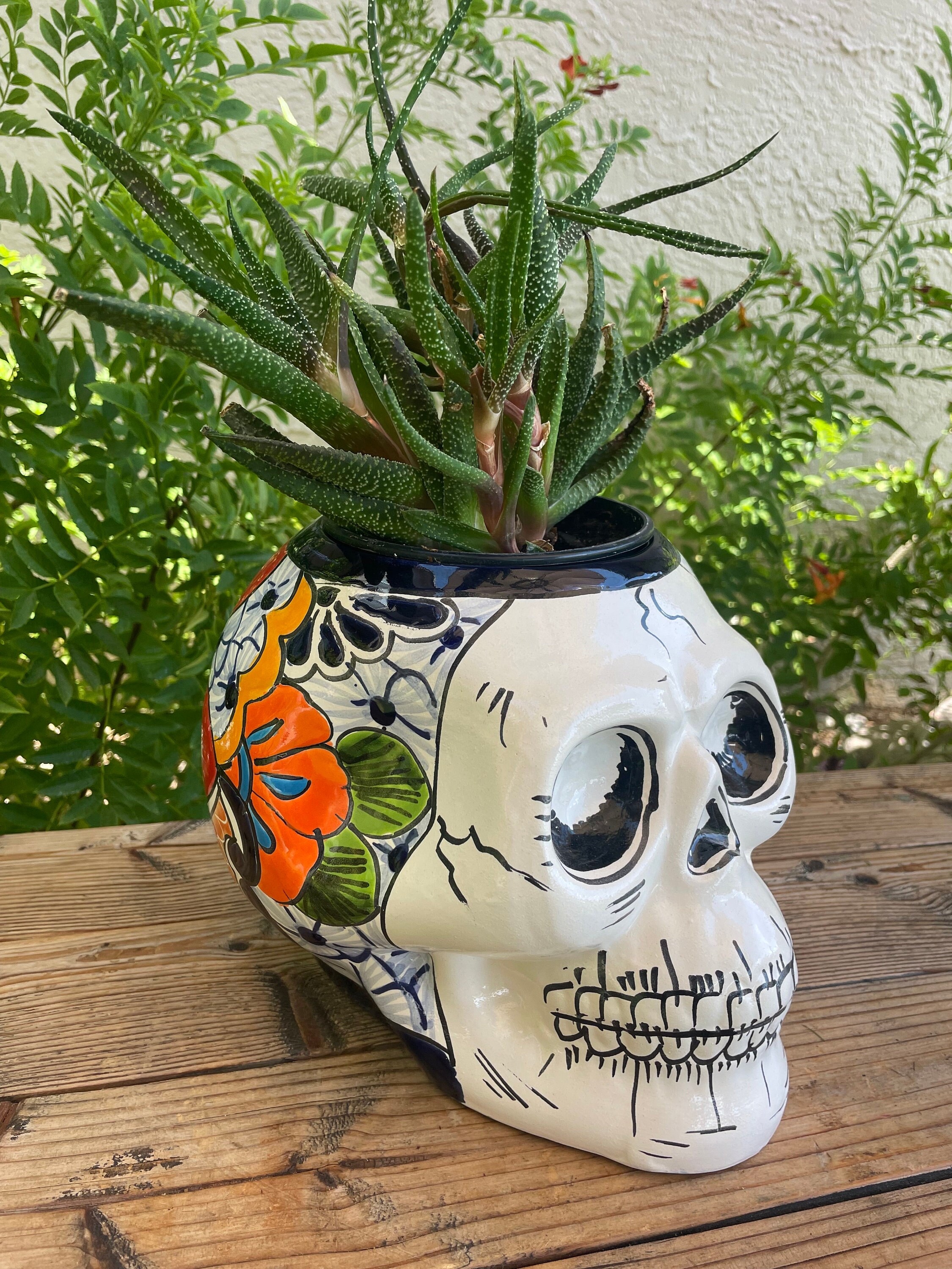 Large Talavera Skull Planter Flower Pot. Hand Painted Mexican Folk