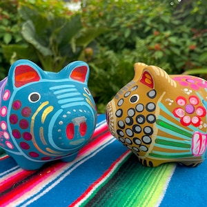 Hand Painted Piggy Bank, Mexican Folk Art  Money Bank.  Colorful hand painted clay figurine. Vivid colors
