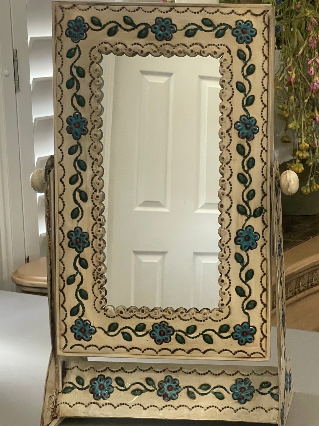 Stunning Hand Painted Punched Tin Pedestal Mirror. Multi-colored