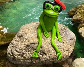 Mini Frog on Rock – Handmade Clay Frog Figurine – Garden Art