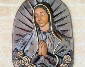 Handmade Barro Virgin of Guadalupe Wall Art: Mexican Catholic Decor (18.5 x 12 in)