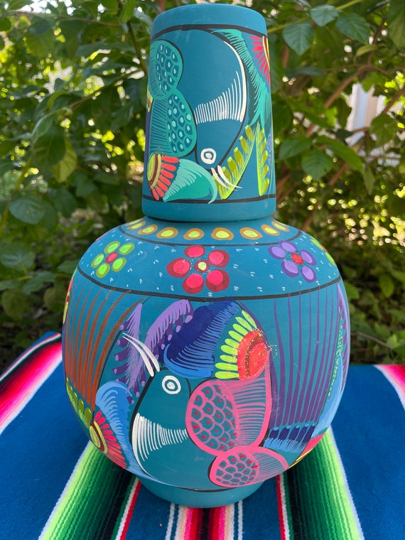 Large Cántaro Set Mexican Hand Painted Clay Water Jug With Mug