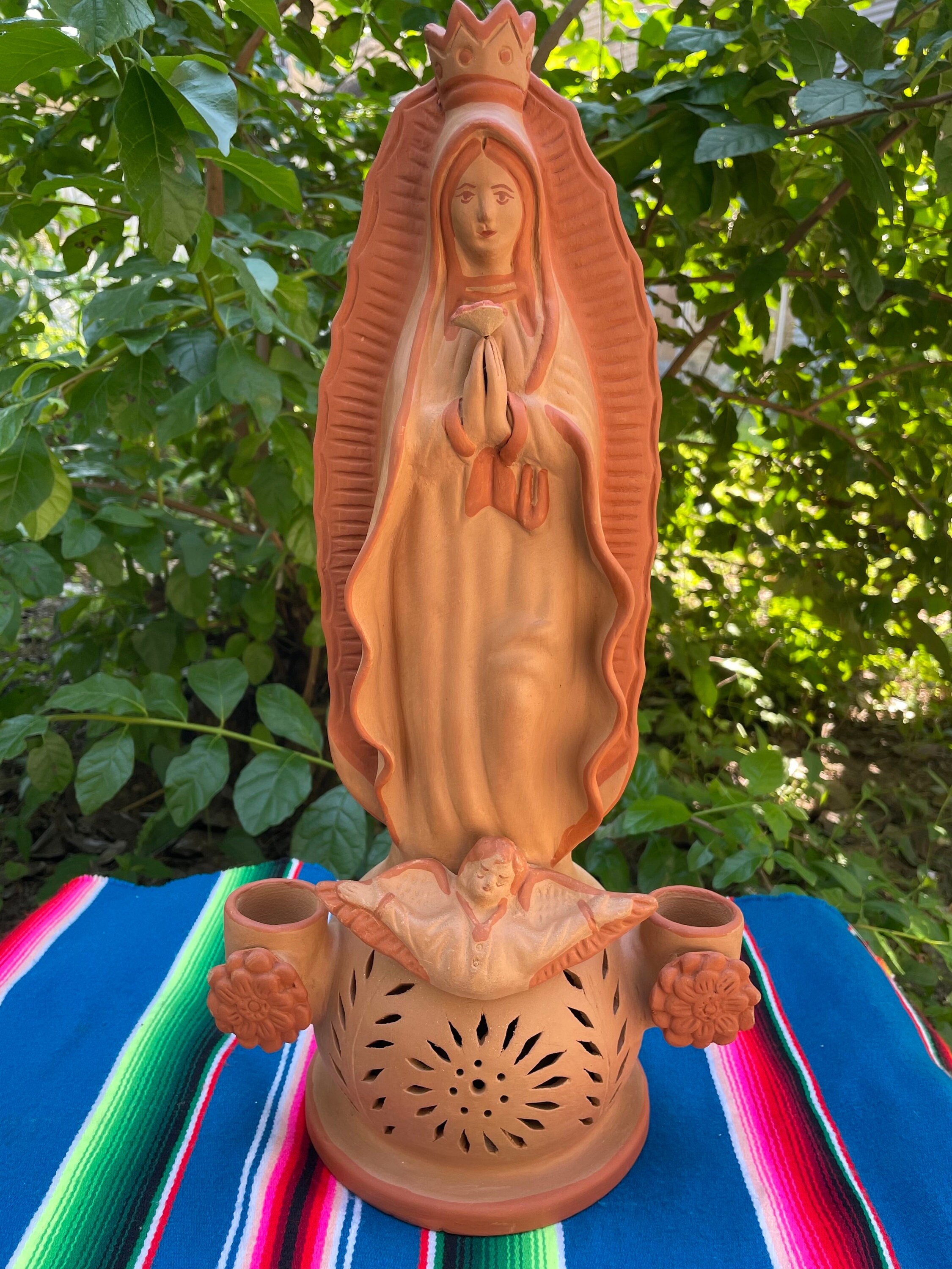 Large Clay Virgin Mary Candle Holder, Virgen María De Barro