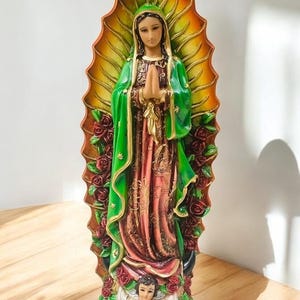 Large Virgin de Guadalupe with Gold accents and Lashes.  Virgen Morena, La Guadalupana,  Patron Saint of Mexico