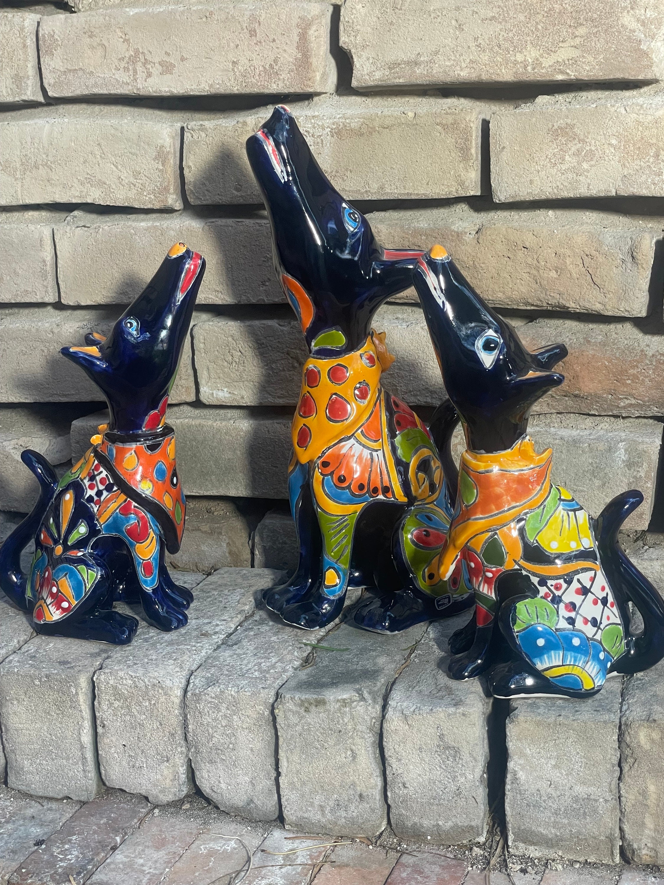 Elegant Talavera Coyote Sculpture. Handmade Mexican Pottery