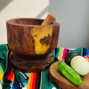 Large Rustic Mesquite Wood Molcajete with Lid. Hand carved Mexican Wood Mortar and Pestle w/Butcher Block. Herb Grinding Tool. Unique Gift