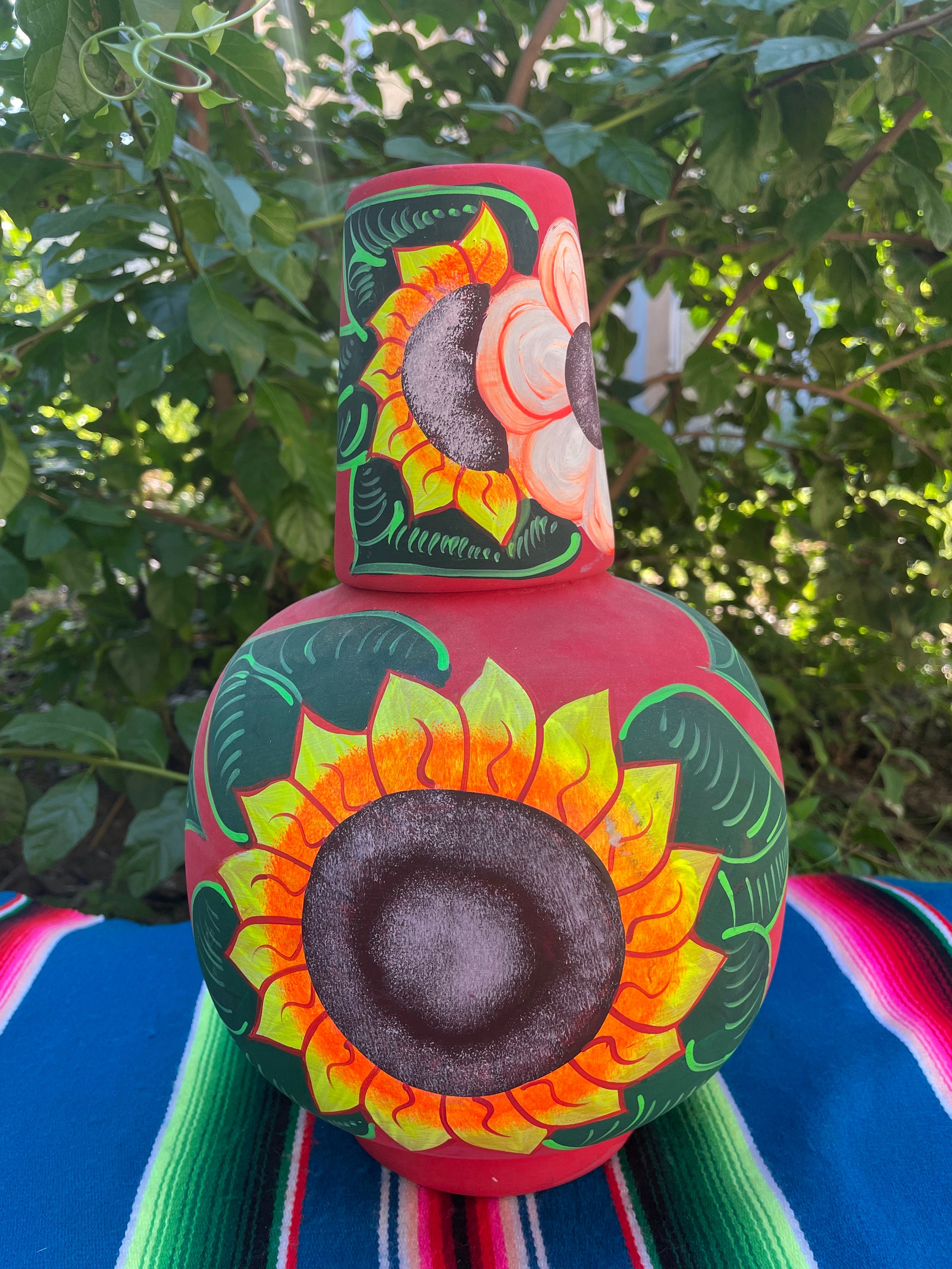 Large Cántaro Set Mexican Hand Painted Clay Water Jug With Mug