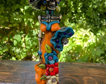 Large Elegant Bone Resin Catrina With Inlaid Stones / Dia De