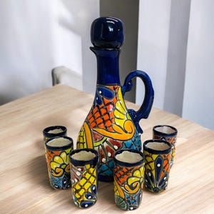 Talavera decanter Set, Tequila Shooter Set, Tequila gift set, Quality Talavera Mexican Hand Painted shot glasses
