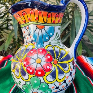 Elegant 2.25 L Authentic Talavera Pitcher Handmade Mexican pottery. LEAD FREE.  High Quality Multi Color Talavera Water Jug. Vivid Colors.