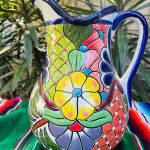 Elegant 3.25 L Authentic Talavera Pitcher Handmade Mexican pottery. LEAD FREE.  High Quality Multi Color Talavera Water Jug. Vivid Colors.