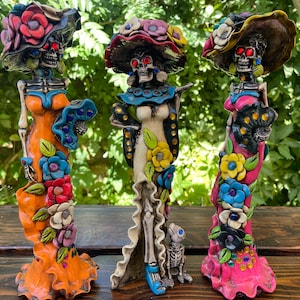 Large Elegant Bone Resin Catrina  with Inlaid Stones / Dia de los Muertos Catrina / Day of the Dead Catrina/ Skeleton woman