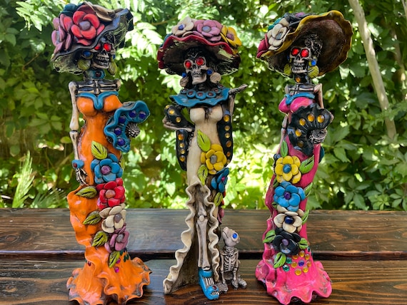 Large Elegant Bone Resin Catrina With Inlaid Stones / Dia De
