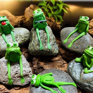Frog on a Rock.  Hand crafted Clay Frogs.  Miniature Frog Figurine.  Rock Garden. Garden art. Yard Decor.  Fun gift.
