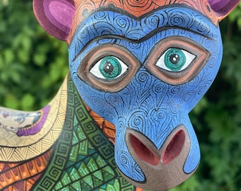 Alebrije Frida Monkey, Large Hand Painted Wood Carving From Oaxaca