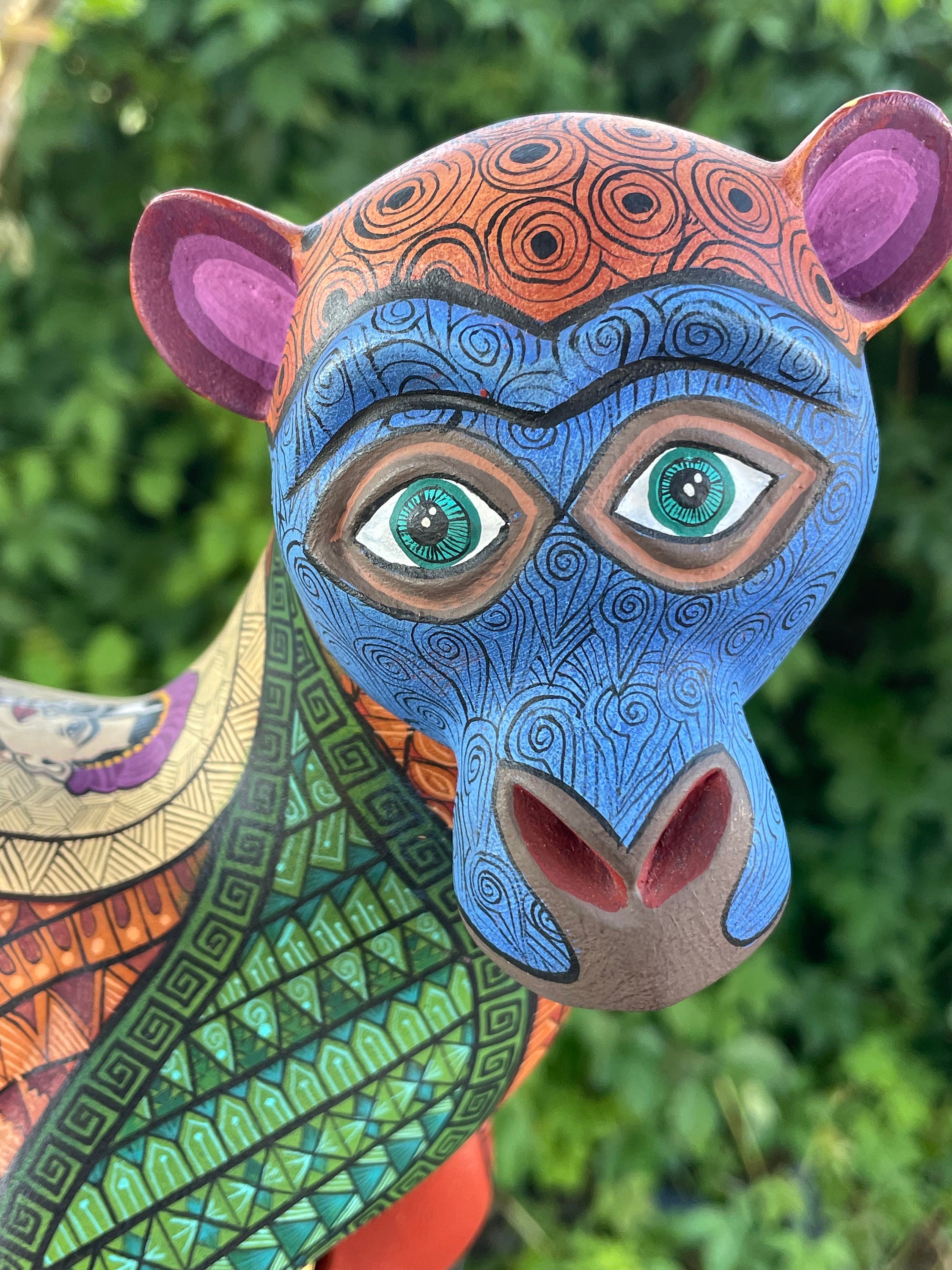 Alebrije Frida Monkey, Large Hand Painted Wood Carving From Oaxaca