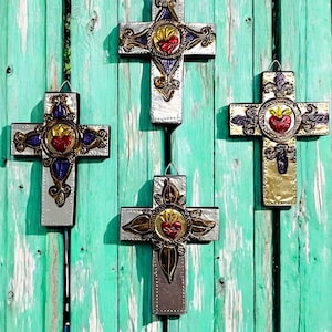 Small Sacred Heart Punched Tin and Wood Cross, Sagrado Corazón, Catholic Wall Art,
