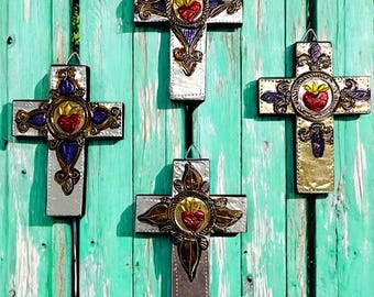 Small Sacred Heart Punched Tin and Wood Cross, Sagrado Corazón, Catholic Wall Art,
