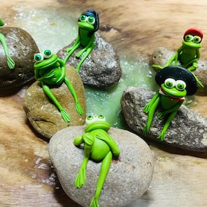 Frog on a Rock.  Hand crafted Clay Frogs.  Miniature Frog Figurine.  Rock Garden. Garden art. Yard Decor.  Fun gift.