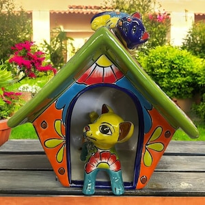 Beautiful Large Talavera Dog House.  Dog and Cat Wall decor,  Dog and Cat Friends, Handmade Mexican pottery.  High quality Talavera